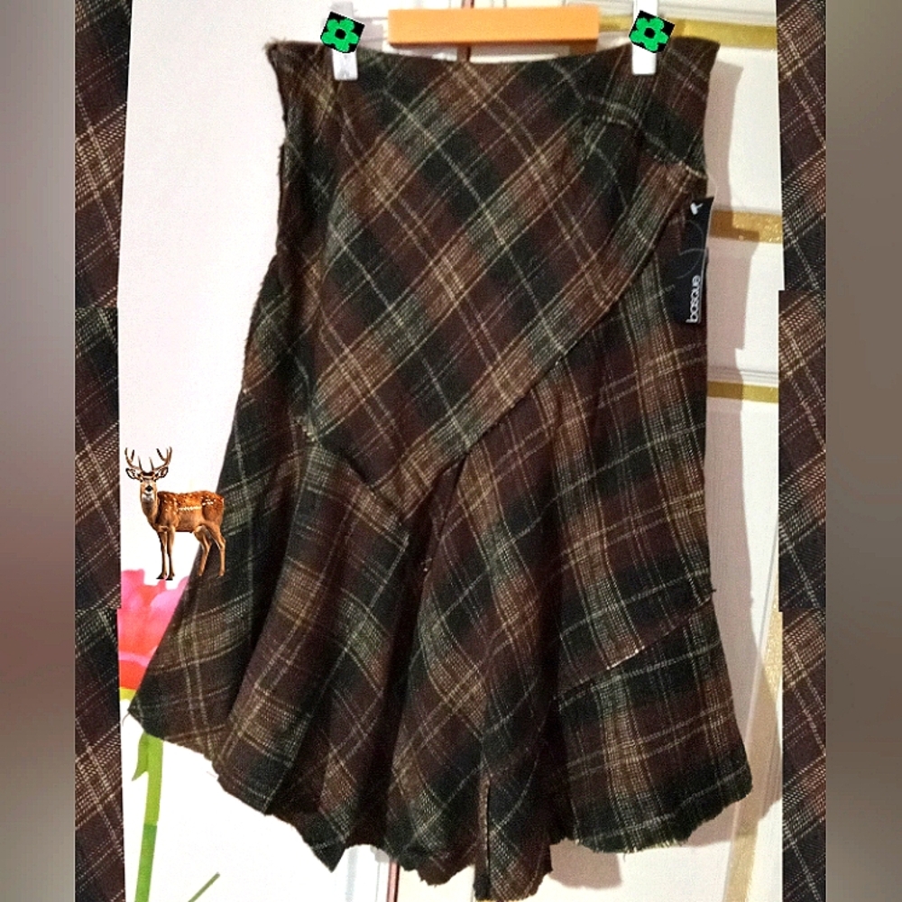 BASQUE🐞Tweed Brown Plaid Asymmetrical A-Line Flare Midi Skirt Sz: 12
